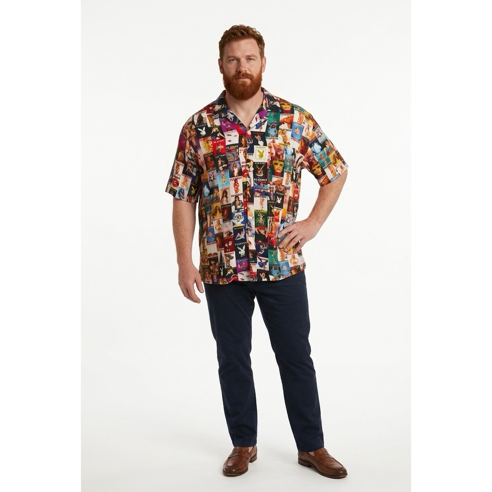Playboy Mens Vintage Magazine Cover Print Short Sleeve Camp Collar Shirt Multi M